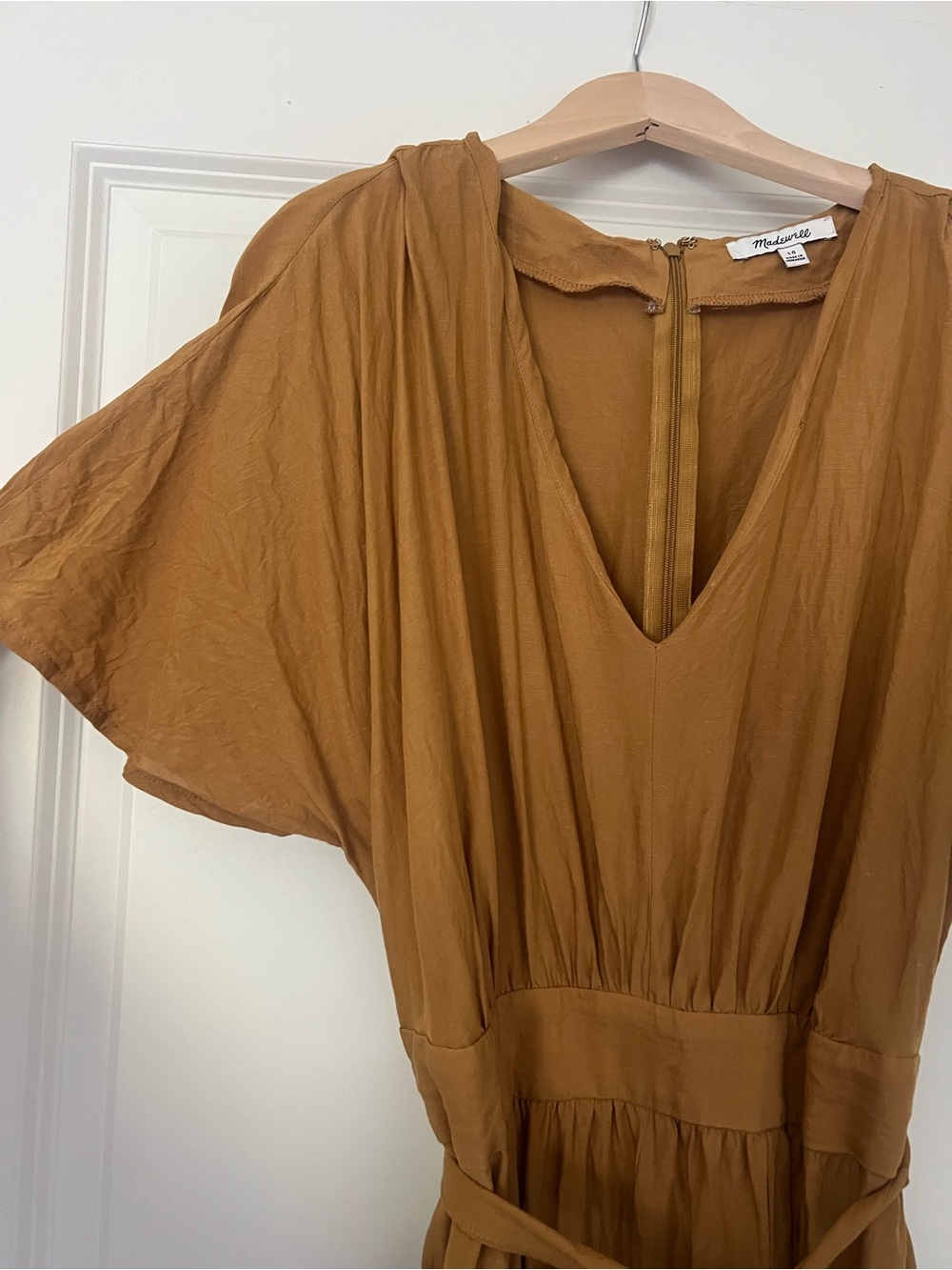 MADEWELL Mustard Brown V-Neck Short Sleeve Midi Dress with Tie Waist - Picture 2 of 8